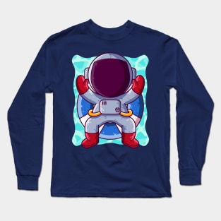 Cute Astronaut Relaxing on Inflatable Ring Cartoon Long Sleeve T-Shirt